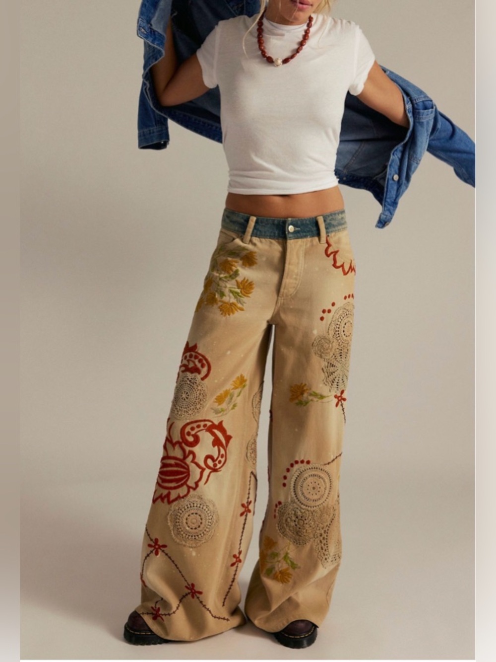 Free People Beige Wide-Leg Embroidered Pants with Red & Yellow Accents - Picture 2 of 16